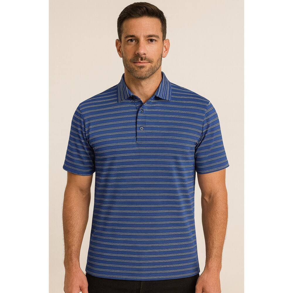 Men's Ahead USA Polo Golf Shirt - Blue/White/Black Stripe - Size M